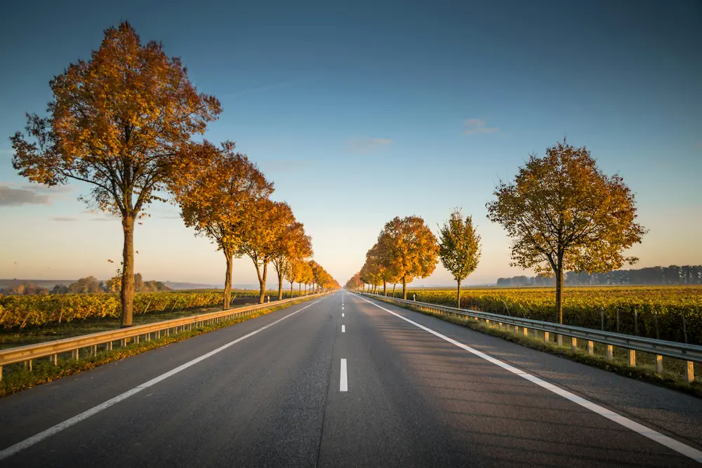 Car driving along a scenic road