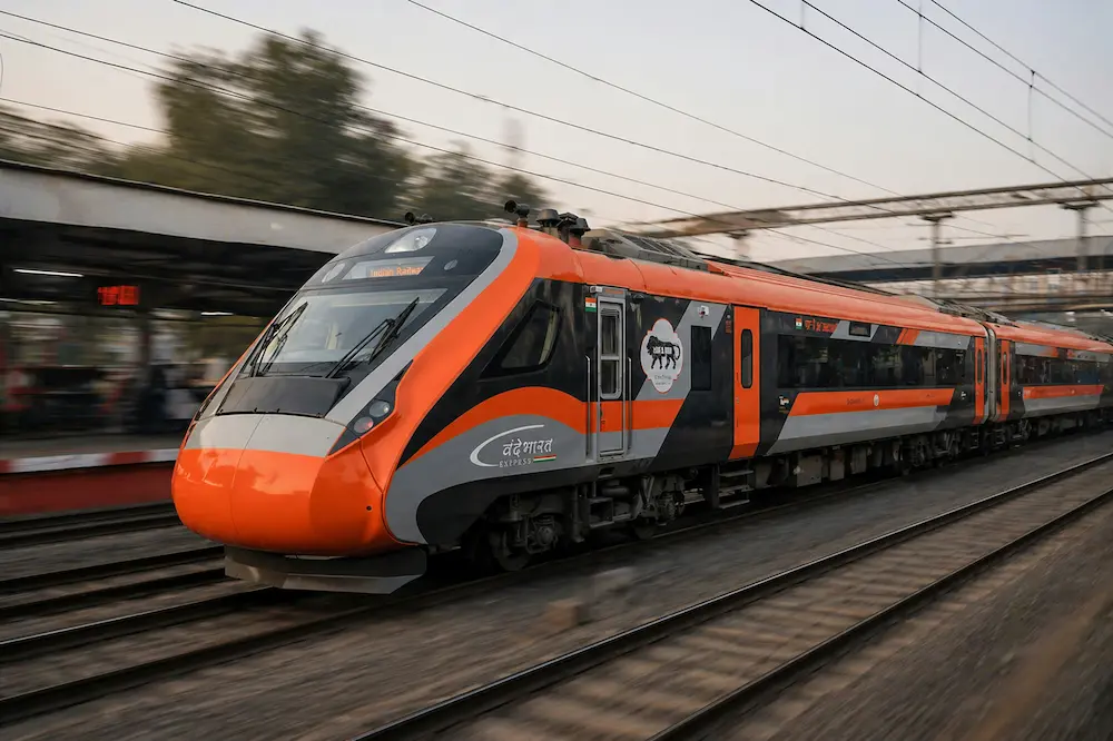 Vande Bharat train running on Indian railway tracks