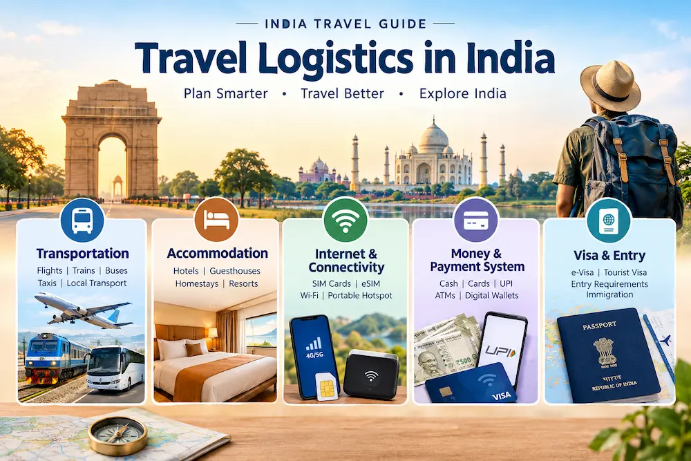 India travel logistics guide covering transportation, accommodation, connectivity, payments and visa