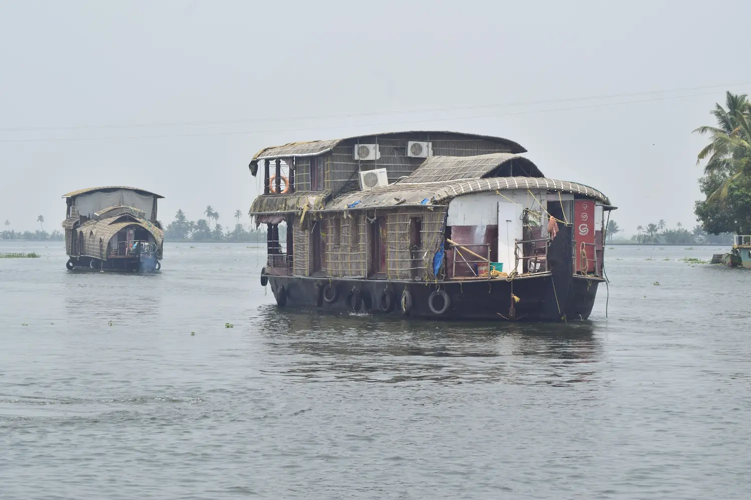 Traditional Kerala Kettuvallam houseboat cruising smoothly along palm-fringed backwater canals in Alleppey.