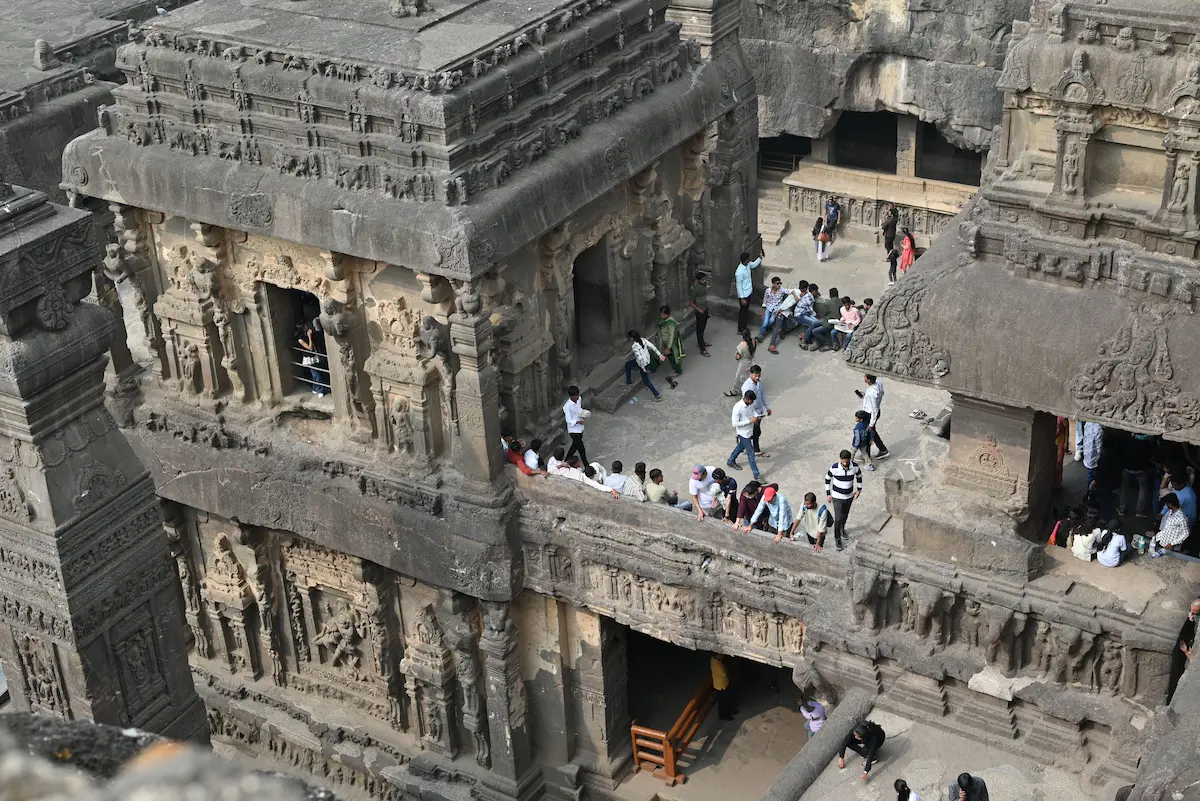 Magnificent view of the monolithic Kailasa Temple (Cave 16) carved out of basalt rock at Ellora Caves near Chhatrapati Sambhaji Nagar.
